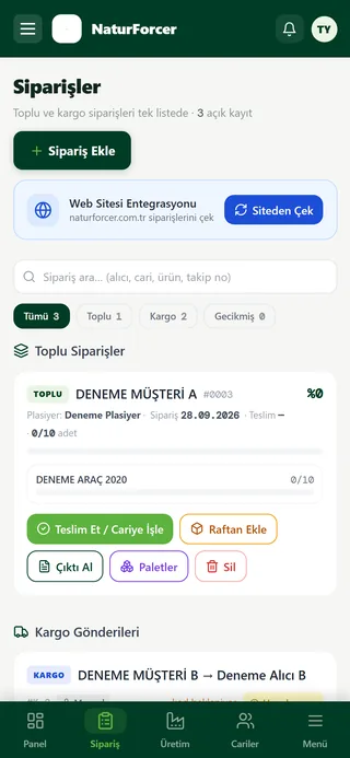 Naturforcer paneli: siparişler ekranı (deneme verisi)