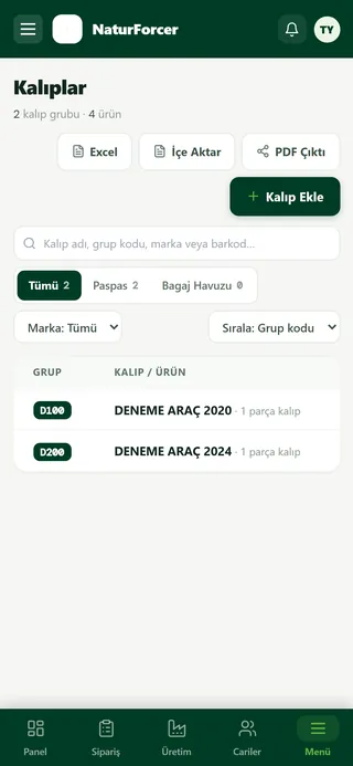 Naturforcer paneli: kalıplar ekranı (deneme verisi)